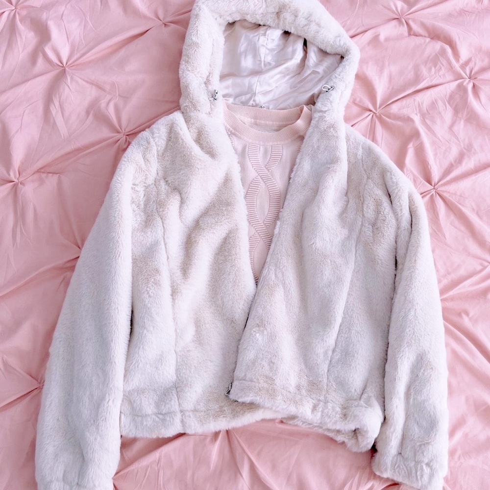 Satin-lined fluffy hooded zip up jacket